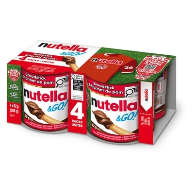 Nutella & GO! Pâte à tartiner aux noisettes et au cacao avec bâtonnets de pain, paquets de collations, paquet de 4 208 g, 3,84 $/100g
