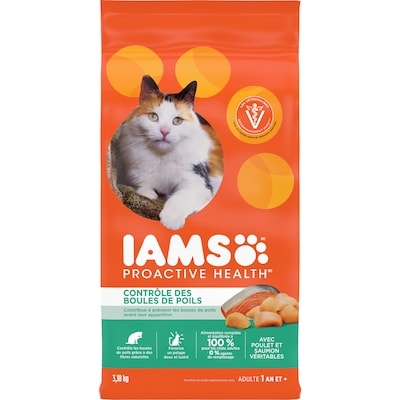 Iams Nourriture sèche pour chats adultes PROACTIVE HEALTH Hairball Care avec poulet et saumon, sac de 3,18 kg 3.18 kg, 0,88 $/100g