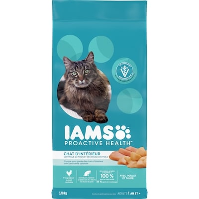 Iams Nourriture sèche pour chats adultes PROACTIVE HEALTH Indoor Weight & Hairball Care avec poulet et dinde, sac 3.18 kg, 0,88 $/100g
