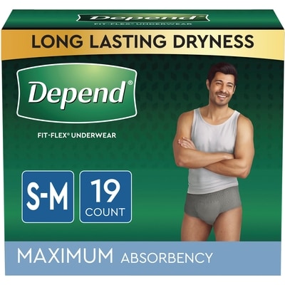 Depends FIT-FLEX Adult Incontinence Underwear for Men, Maximum Absorbency, S/M, Grey, 19 Count 19 ea, $1.21/1ea