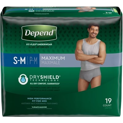 Depend Sous-vêtements d’incontinence FIT-FLEX pour hommes, absorption maximale, P/M, gris, emballage de 19 19 ea, 1,21 $/1ch