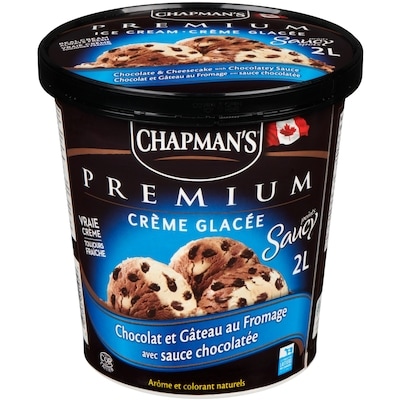 Chapman’s Premium crème glacé points saucy chocolat et gâteau au fromage avec sauce chocolatée 2 l, 0,33 $/100ml