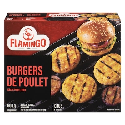 Flamingo Burgers de poulet, non cuits et non panés 600 g, 1,67 $/100g