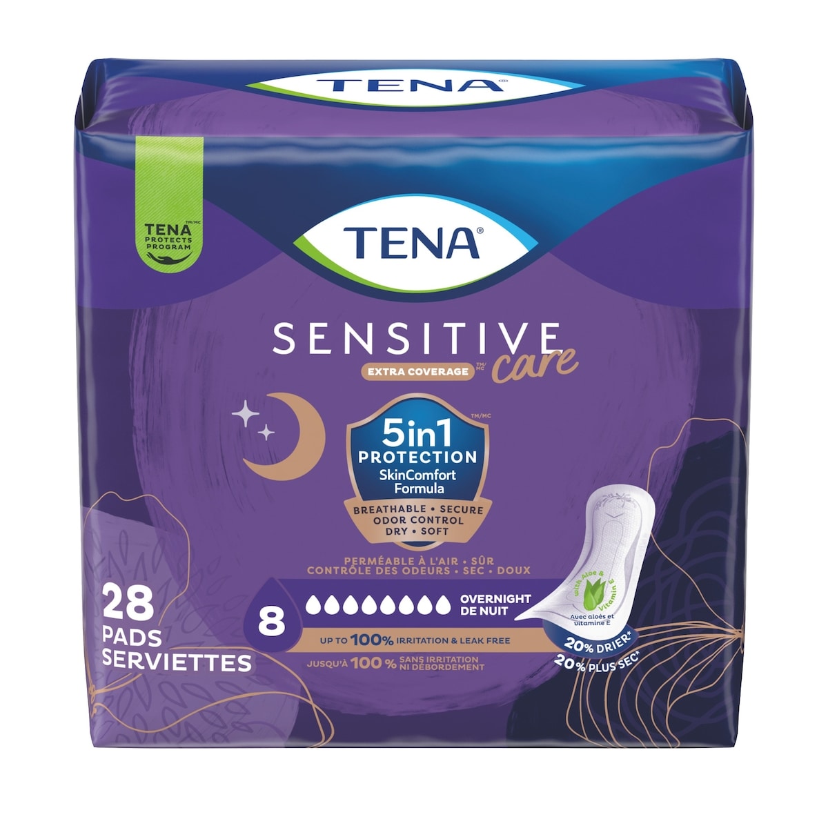 TENA Sensitive Care Serviettes absorbantes contre l'incontinence de nuit, Extra Coverage, 28 unités 28 ea, 0,71 $/1ch