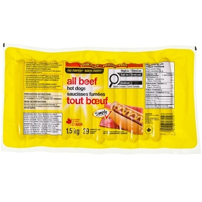 Sans Nom Saucisses tout bœuf, format Club 1.5 kg, 1,87 $/100g