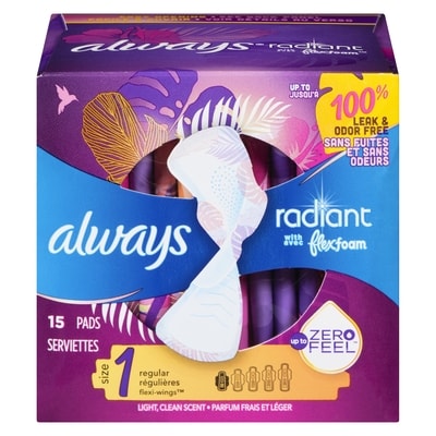 Always Radiant Feminine Pads for Women, Size 1 Regular, with Wings, Light Clean Scent, 15 CT 15 ea, $0.53/1ea