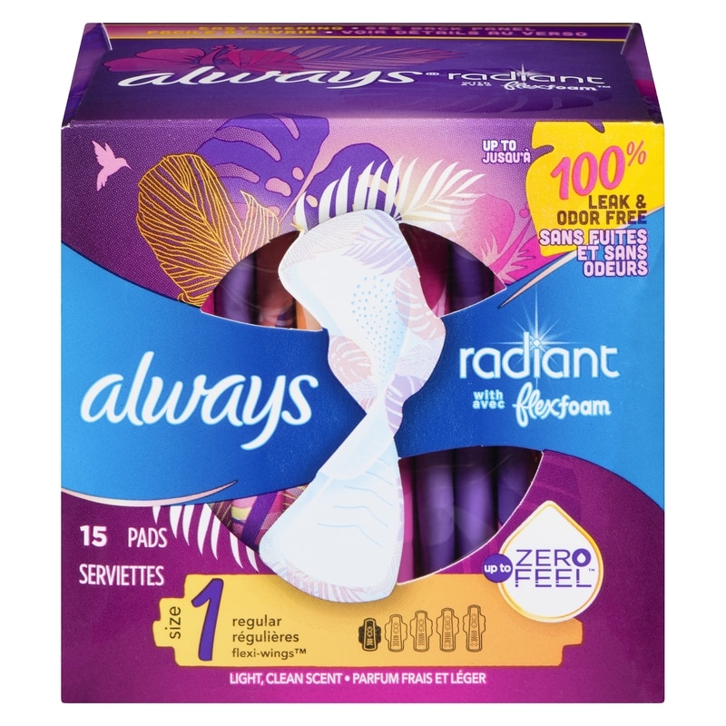 Radiant Feminine Pads for Women, Size 1 Regular, with Wings, Light Clean Scent, 15 CT