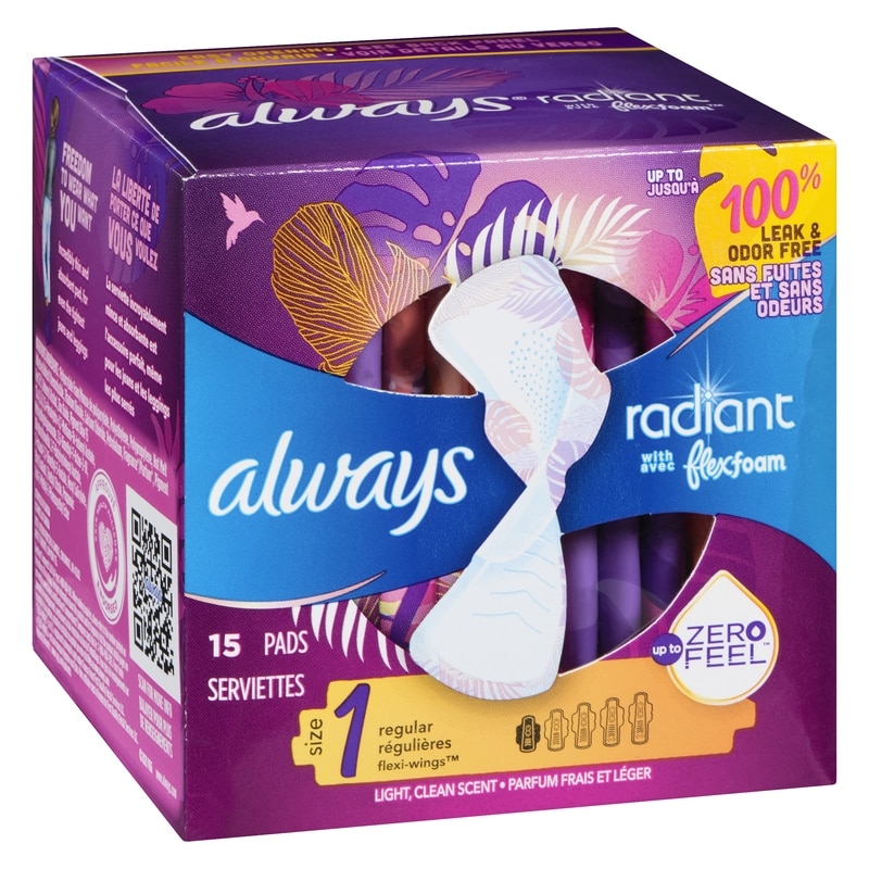 Radiant Feminine Pads for Women, Size 1 Regular, with Wings, Light Clean Scent, 15 CT