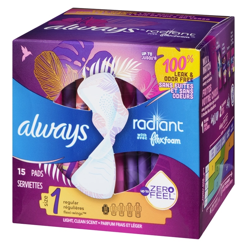 Radiant Feminine Pads for Women, Size 1 Regular, with Wings, Light Clean Scent, 15 CT