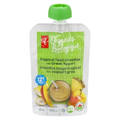 PC Biologique Nourriture en purée pour bébés smoothie tango tropical avec yogourt grec 128 ml, 1,40 $/100ml