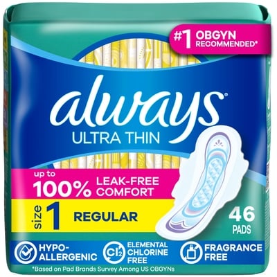 Always Ultra Thin Feminine Pads with Wings for Women, Size 1, Regular Absorbency, Unscented, 46 Count 46 ea, $0.28/1ea