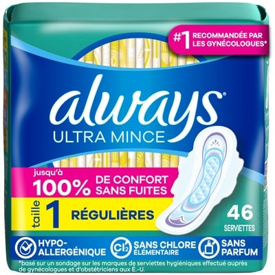 Always Serviettes féminines Ultra Thin, degré d’absorption régulier, avec ailes, pour femmes, taille 1, non parfumées, 46 serviettes 46 ea, 0,26 $/1ch