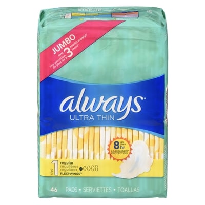Always Serviettes féminines Ultra Thin, degré d’absorption régulier, avec ailes, pour femmes, taille 1, non parfumées, 46 serviettes 46 ea, 0,27 $/1ch