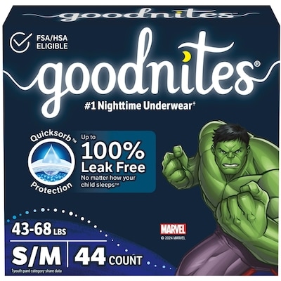 Goodnites Boys Nighttime Bedwetting Underwear,  S/M (43-68 lbs), 44 Ct 44 ea, $0.75/1ea
