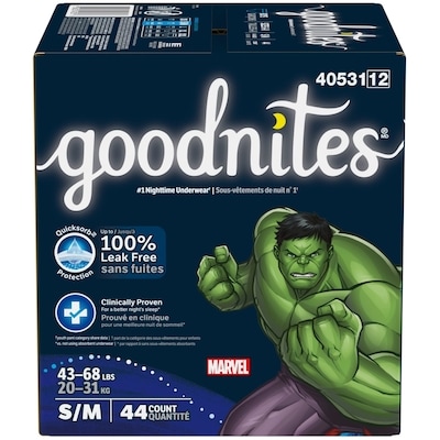 GoodNites Sous-vêtements de nuit pour garçons, P/M, 44 sous-vêtements 44 ea, 0,82 $/1ch