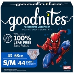 GoodNites Sous-vêtements de nuit pour garçons, taille P/M (20 à 31 kg, [43 à 68 lb]), 44 sous-vêtements 44 ea, 0,75 $/1ch