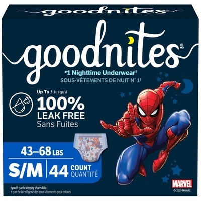 GoodNites Sous-vêtements de nuit pour garçons, taille P/M (20 à 31 kg, [43 à 68 lb]), 44 sous-vêtements 44 ea, 0,61 $/1ch