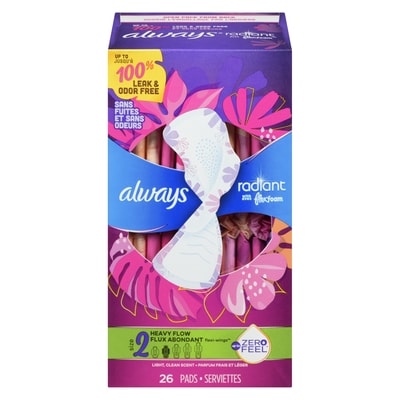 Always Radiant Feminine Pads for Women, Size 2 Heavy, with Wings, Light Clean Scent, 26 CT 26 ea, $0.46/1ea