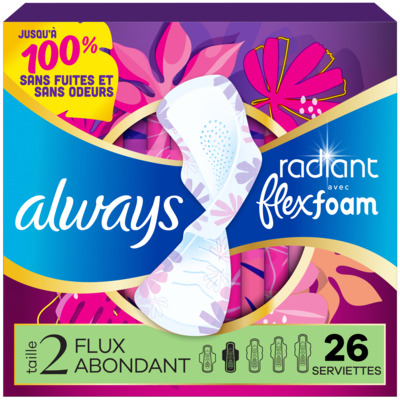 Always Serviettes Radiant avec FlexFoam, abondant, avec ailes, taille 2, 26 serviettes 26 ea, 0,60 $/1ch
