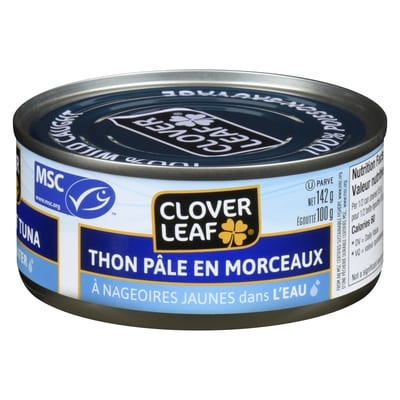 Clover Leaf Thon jaune pâle en morceaux, dans l’eau 142 g, 2,46 $/100g