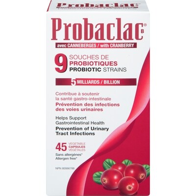 Probaclac B Probiotiques avec Canneberges 45 Capsules Végétales 45 ea, 0,60 $/1ch