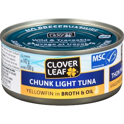 Clover Leaf Chunk Light Tuna, Yellowfin in Broth & Oil 142 g, $2.46/100g