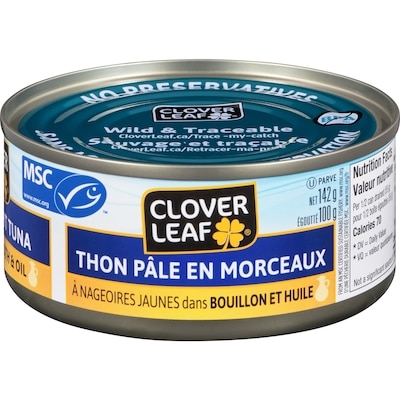 Clover Leaf Thon pâle à nageoires jaunes en morceaux, dans un bouillon de légumes et d’huile 142 g, 2,46 $/100g
