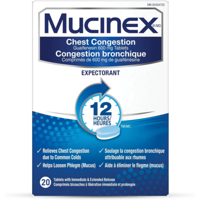 Mucinex Chest Congestion, 12 Hour Extended-Release Bi-Layer Tablets, Expectorant 600mg 20 ea, $0.87/1ea