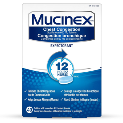 Mucinex bicouches à libération prolongée de 12 heures, expectorant, 600 mg 40 ea, 0,72 $/1ch