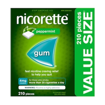 Nicorette Gomme de nicotine 4 mg, Menthe Poivrée, Aide pour cesser de fumer 210 ea, 0,35 $/1ch