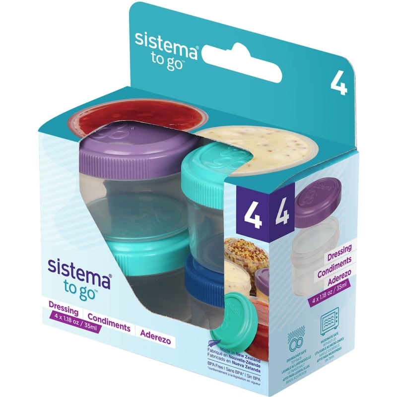 To Go Dressing Containers, Assorted Lid Colours, 4 Pack