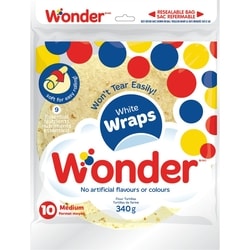 Wonder White Medium Wraps 10pk 340 g, $1.18/100g