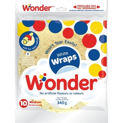 Wonder White Medium Wraps 10pk 340 g, $1.18/100g