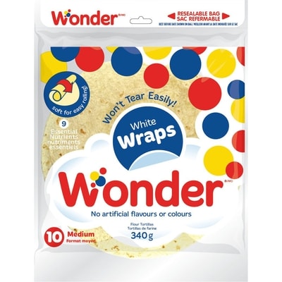 Wonder White Medium Wraps 10pk 340 g, $1.18/100g