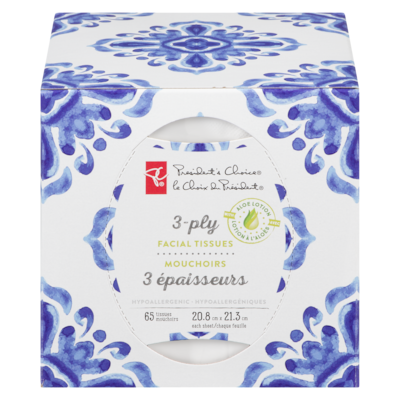 President's Choice 3-Ply Hypoallergenic Facial Tissues, 65 Sheets 1 ea, $3.79/1ea