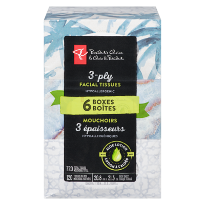 President's Choice 3-Ply Hypoallergenic Facial Tissues, 6 Boxes, 120 Sheets Each 6x1.0 ea, $0.03/1ea