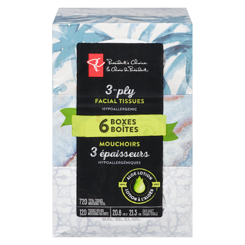 3-Ply Hypoallergenic Facial Tissues, 6 Boxes, 120 Sheets Each