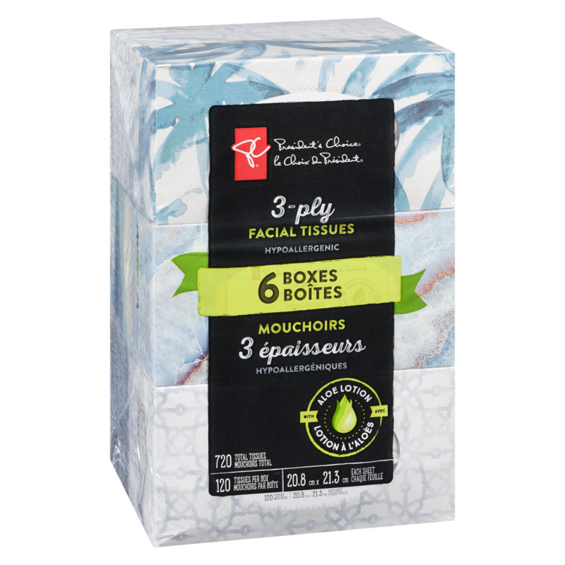 3-Ply Hypoallergenic Facial Tissues, 6 Boxes, 120 Sheets Each