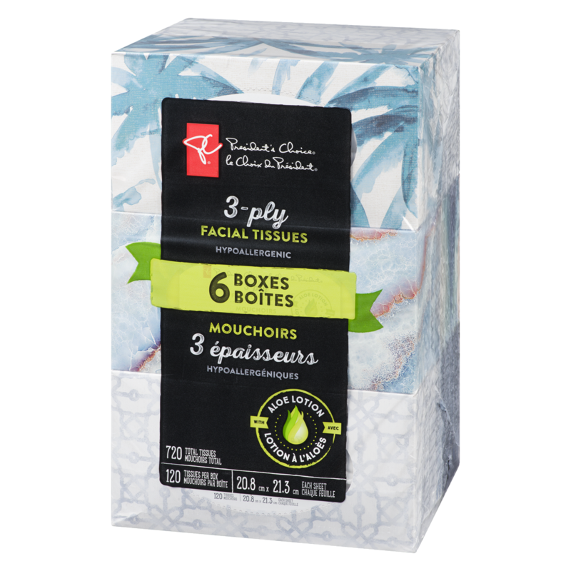3-Ply Hypoallergenic Facial Tissues, 6 Boxes, 120 Sheets Each