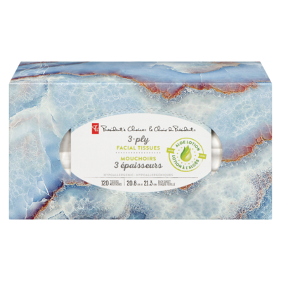 President's Choice Facial Tissue With Lotion, 3 Ply, 120 sheets 1 ea, $5.49/1ea