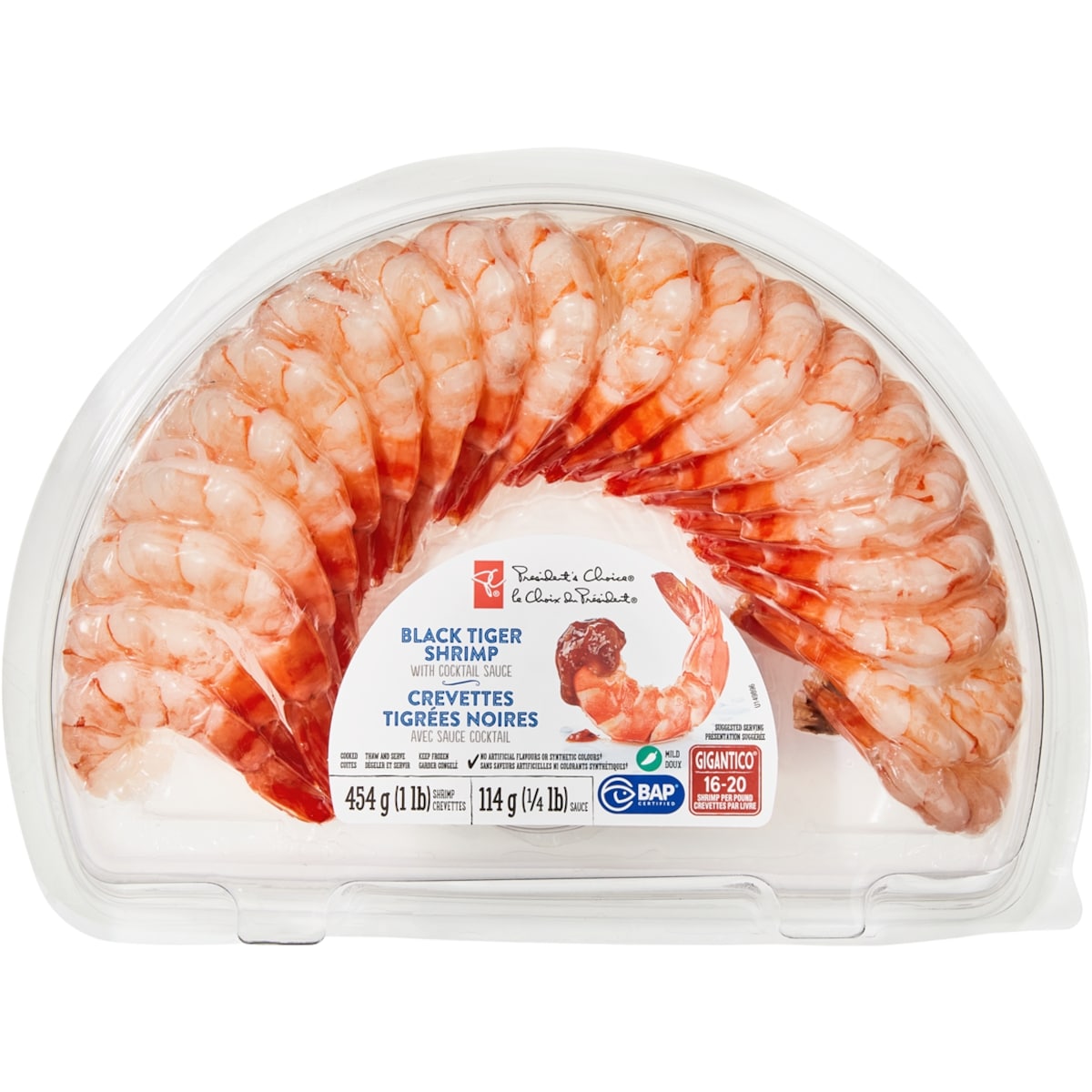 President's Choice Black Tiger Shrimp With Mild Cocktail Sauce Gigantico 568 g, $4.93/100g