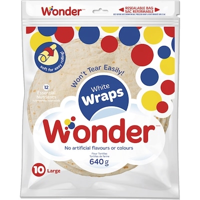 Wonder Large White Wraps 640 g, $0.78/100g