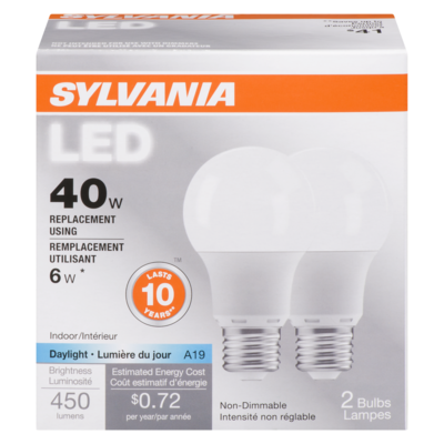 Sylvania Ampoule à DEL 6 W A19 lumière du jour, 10 ans 1 ea, 4,00 $/1ch