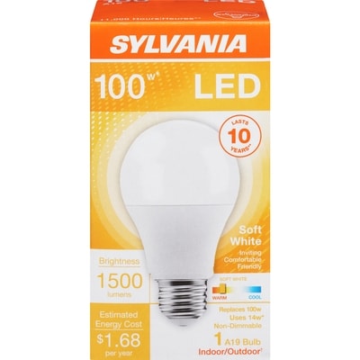 Sylvania LED Bulb, 14W A19 10 Year 1 ea, $9.00/1ea
