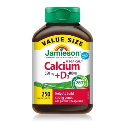 Jamieson Mega Cal Calcium + Vitamin D3 400 IU Caplets, 650 mg Value Size 250 ea, $0.10/1ea