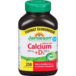 Jamieson Mega Cal Calcium 650 mg + Vitamine D3 400 UI Format Économique 250 ea, 0,10 $/1ch