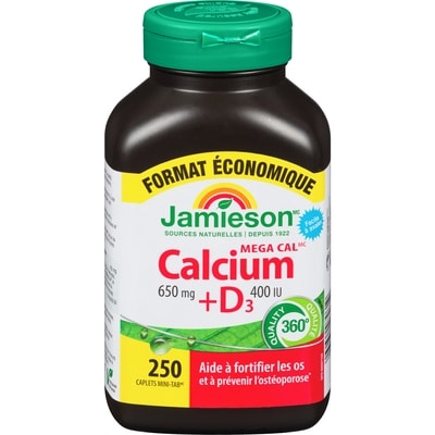 Jamieson Mega Cal Calcium 650 mg + Vitamine D3 400 UI Format Économique 250 ea, 0,11 $/1ch