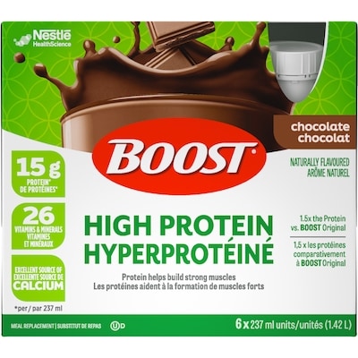 Nestle Health Science Substitut de repas liquide hyperprotéiné chocolat BOOST paquet de 6 6x237.0 ml, 0,91 $/100ml