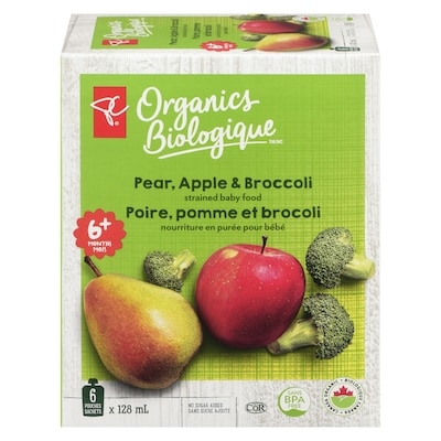 PC Biologique Nourriture en purée pour bébé poire, pomme et brocoli 6x128.0 ml, 0,91 $/100ml