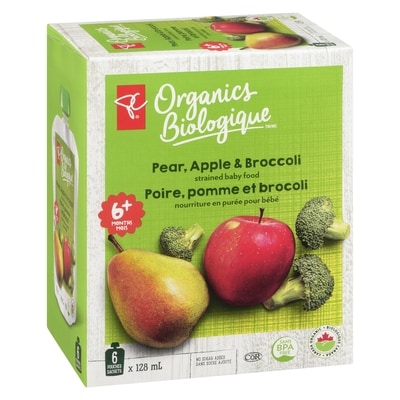 Nourriture en purée pour bébé poire, pomme et brocoli